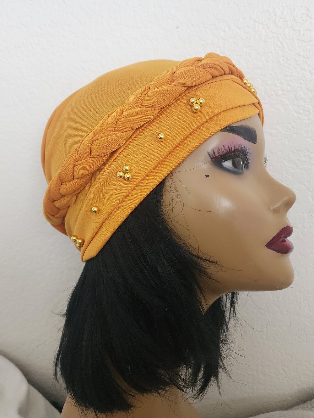 New Gold Braided Faux Turban Head Wrap with Gold Bead Accents
